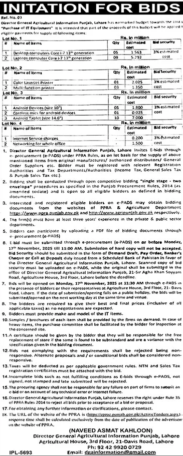 Agriculture Department Lahore Tender Notice